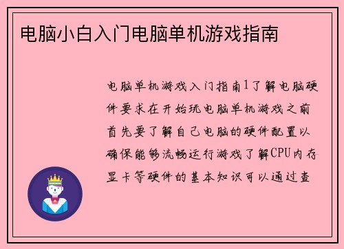 电脑小白入门电脑单机游戏指南